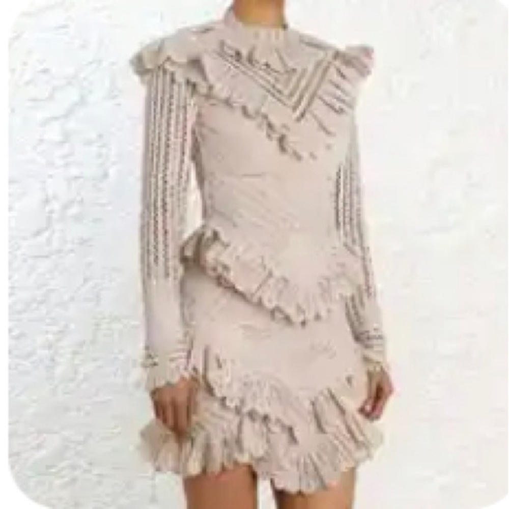 Self-Portrait Cream Lace Ruffle Long-Sleeve Midi Dress - Picture 6 of 8